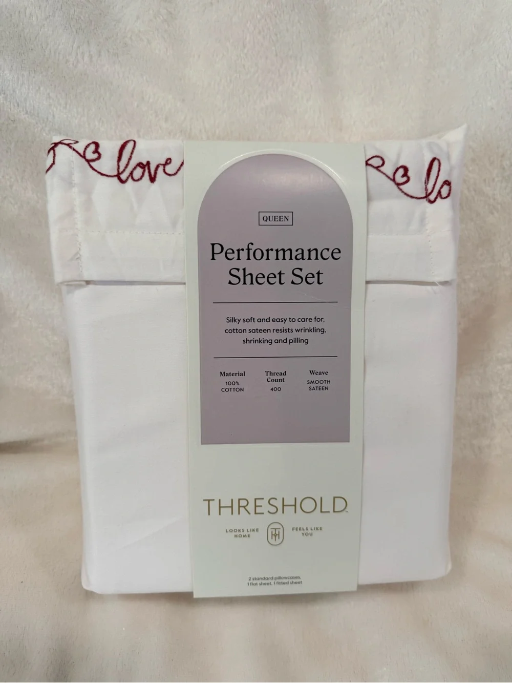 Threshold White Performance Sheet Set with Red Embroidery